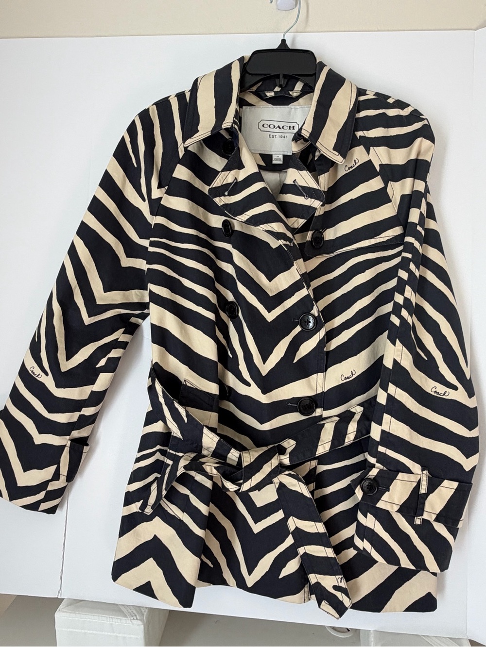 Coach Women's Navy & Cream Zebra-Print Trench Coat